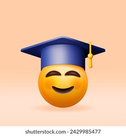 Emoticon sonriente feliz 3D en el casquillo del graduado aislado. Render sonrisa estudiante en sombrero de graduación. Sombrero de cartón con borla. Educación, Concepto de Ceremonia de Grado. Ilustración vectorial