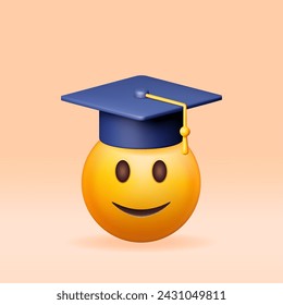 3D Happy Smiling Emoticon in Graduate Cap Isolated. Render Smile Student in Graduation Hat. Mortarboard Hat with Tassel. Education, Degree Ceremony Concept. Vector Illustration