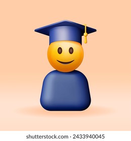 Emoticon sonriente feliz 3D en el casquillo del graduado aislado. Render sonrisa estudiante en sombrero de graduación. Sombrero de cartón con borla. Educación, Concepto de Ceremonia de Grado. Ilustración vectorial