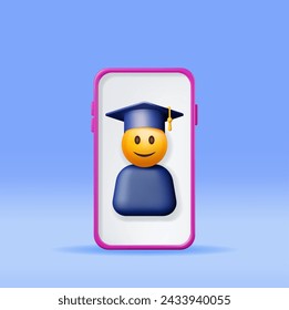 3D Happy Smiling Emoticon in Graduate Cap in Phone. Render Smartphone with Smile Student in Graduation Hat. Mortarboard Hat. Online Education Concept E-learning, Online Courses. Vector Illustration