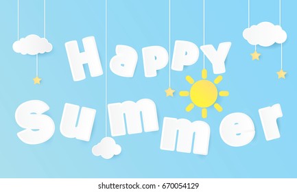 3d happy summer greeting card paper art style design background vector illustration