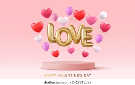 3d Happy Valentine s Day holiday banner. Realistic gold word love, red and pink balloons and golden confetti on pink podium. 3d rendering. Vector illustration