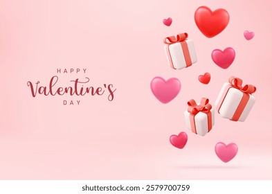 3d Happy Valentine s Day. Holiday wedding. happy birthday. Festive background with realistic heart balloons. Romantic banner, web poster. 3d rendering. Vector illustration