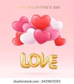 3d Banner de Feliz Día de San Valentín con globos de corazón rojo, formas de metal dorado sobre fondo rosado. Tarjeta de regalo, fiesta de amor, diseño de cupones de invitación. 3 quinquies de representación. Ilustración del vector