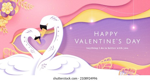 3d happy Valentine's Day paper art banner template. Two swans forming a heart shape with their necks. Romantic soulmate concept.