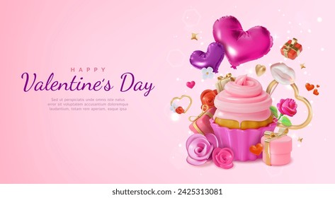 Tarjeta de postre de postre dulce, decoración y cajas de regalo del día de San Valentín feliz 3d Banner Concept. Ilustración de vector