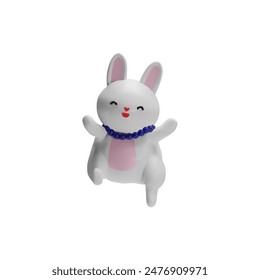 3d A happy white fluffy rabbit with dark blue beads on his neck happily runs towards us, waving his paws. For a positive postcard. Vector illustration isolated on white background.