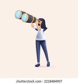 3D Happy woman holding huge spyglass and looking far ahead. 3D render Vector illustration for observation, discovery, future concept. Research, analytics and forecasting business illustration 3D style