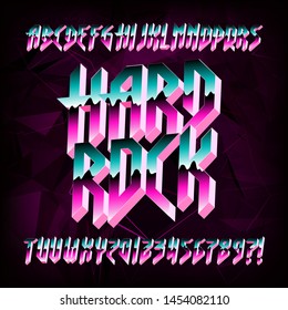 3D Hard Rock Alphabet Font. Metal Effect Shiny Letters And Numbers In 80s Style. Stock Vector Typeface For Your Design.