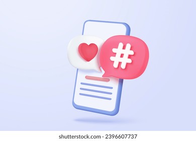 3D hashtag bubble icon social media online platform concept, online social communication, Photo frame with heart and love emoji icon, like and play in red bubble 3d icons. 3d vector render concept