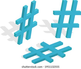 3D hashtag icon .Isometric vector illustration.Hashtag symbol in different angles.For different types of design.