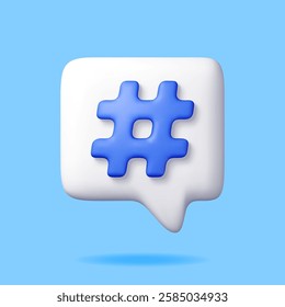 3D Hashtag icon on speech bubble isolated. Render hash tag icon for social media. Chat message, communication, ad, search and online community. Blog and social network. Vector illustration