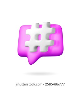 3D Hashtag icon on speech bubble isolated. Render hash tag icon for social media. Chat message, communication, ad, search and online community. Blog and social network. Vector illustration