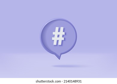 3D hashtag search link symbol on social media notification icon isolated on purple background. Comments thread mention or user reply sign with social media. 3d hashtag on vector render illustration