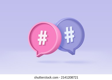 3D hashtag search link symbol on social media notification icon isolated on purple background. Comments thread mention or user reply sign with social media. 3d hashtag on vector render illustration