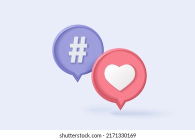 3D hashtag search link symbol on social media notification icon. Comments mention or reply sign 3d with love, like, hashtag for community social media. 3d heart icon on vector render illustration