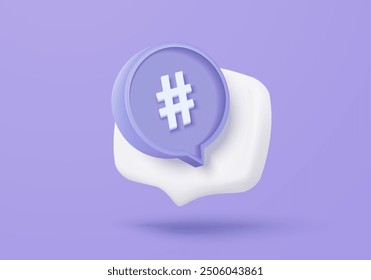 3D hashtag search link symbol on social media notification in speech icon. Comments thread mention or follow sign with social media. 3d hashtag buttons icon vector render illustration