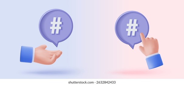 3D hashtag search link symbol on social media notification in speech icon. Comments thread mention or follow sign with social media. 3d hashtag buttons icon vector render illustration
