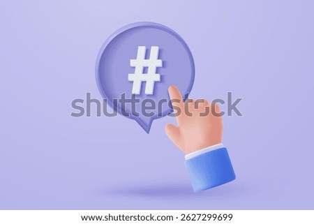3D hashtag search link symbol on social media notification icon isolated on purple background. Comments thread mention or user reply sign with social media. 3d hashtag on vector render illustration