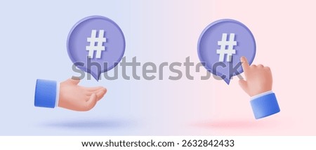 3D hashtag search link symbol on social media notification in speech icon. Comments thread mention or follow sign with social media. 3d hashtag buttons icon vector render illustration