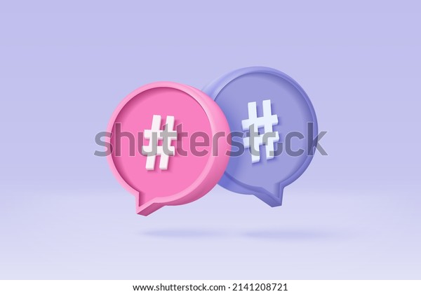3D hashtag search link symbol on social\
media notification icon isolated on purple background. Comments\
thread mention or user reply sign with social media. 3d hashtag on\
vector render illustration