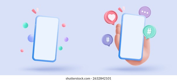 3D hashtag searching and share link buttons on social media announcement on background. Comments thread mention or user reply sign with announce. 3d hashtag icon signs vector render illustration