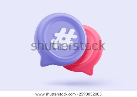 3D hashtag searching and share link buttons on social media announcement on background. Comments thread mention or user reply sign with announce. 3d hashtag icon signs vector render illustration