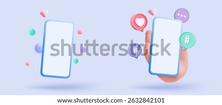 3D hashtag searching and share link buttons on social media announcement on background. Comments thread mention or user reply sign with announce. 3d hashtag icon signs vector render illustration