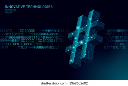 3D hashtag symbol dark blue glowing low poly. Communication online social media share search posts. Information innovation web technology binary code flow vector illustration