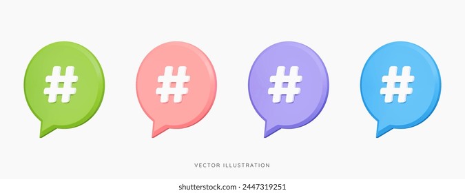 Símbolo de etiqueta 3D en notificación de redes sociales. Mención del hilo de comentarios o respuesta del usuario. Seguir etiqueta de tendencia. Enlace de Búsqueda. Icono de conjunto de diseño creativo de dibujos animados en rosa, azul, púrpura y verde. Vector 3D