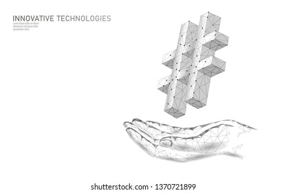 3D hashtag symbol white neutral low poly. Communication online social media share search posts. Information innovation web technology on hand vector illustration
