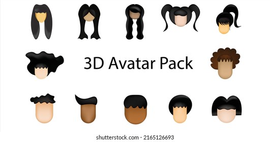 3d Head Icon Avatar Pack Man And Women Icon Faceless Head With Black Hair Dan Brown Skin