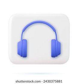 Auriculares 3d con dinámica para escuchar música a alto volumen disfrutando de audio icono de plantilla de sonido. Tecla de botón cuadrada blanca de renderizado 3d, elemento de interfaz. Ilustración de vector