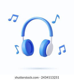 3d headphones with dynamics for loud music listening enjoying audio sound template icon with note. 3d rendering. Vector illustration