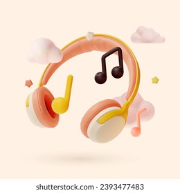 3d Headphones Gadget and Music Notes Symbols Floating Objects Cartoon Style. Vector illustration of Listen Melody Concept