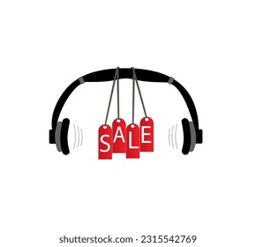 3D headphones with a hanging sign saying SALE. Vector illustration