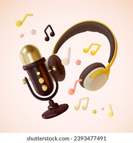 3d Headphones and Microphone Floating Objects Cartoon Style Online Broadcasting Concept. Vector illustration of Podcast Recording and Listening