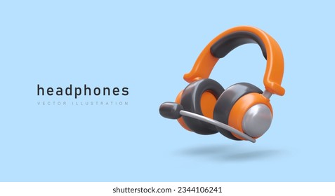 3D headphones with microphone. Headset for gamer, user, call center operator. Ergonomic wireless device. High quality sound reproduction. Advertising concept in cartoon style