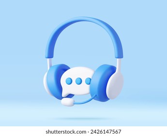 Auriculares 3D con micrófono y burbuja de voz. Servicio de asistencia telefónica con auriculares. Concepto de centro de llamadas. Consulta al usuario online. renderizado 3d. Ilustración de vector