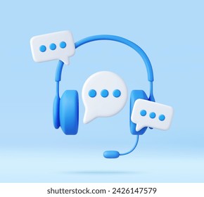 3D headphones with microphone and speech bubble. Hotline support service with headphones. Call center concept. Online user consultation. 3d rendering. Vector illustration