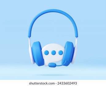 3D headphones with microphone and speech bubble. Hotline support service with headphones. Call center concept. Online user consultation. 3d rendering. Vector illustration