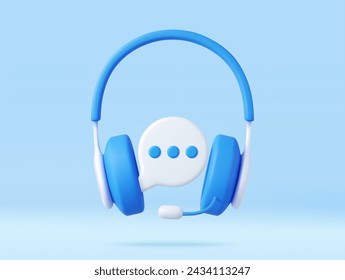 3D headphones with microphone and speech bubble. Hotline support service with headphones. Call center concept. Online user consultation. 3d rendering. Vector illustration