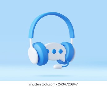 3D headphones with microphone and speech bubble. Hotline support service with headphones. Call center concept. Online user consultation. 3d rendering. Vector illustration