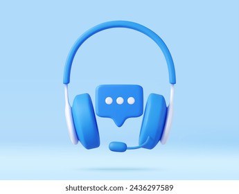 3D headphones with microphone and speech bubble. Hotline support service with headphones. Call center concept. Online user consultation. 3d rendering. Vector illustration