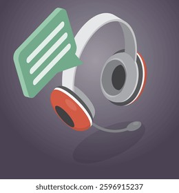 3D headphones with microphone and speech bubble. Hotline support service. Call center concept. Online user consultation. 3d flat isometric vector illustration.