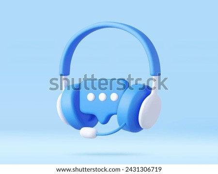 3D headphones with microphone and speech bubble. Hotline support service with headphones. Call center concept. Online user consultation. 3d rendering. Vector illustration