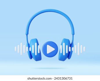 Auriculares 3d y móvil moderno que reproduce el vídeo . Concepto de música en línea, radio, escuchar podcasts, libros a todo volumen. renderizado 3d. Ilustración de vector