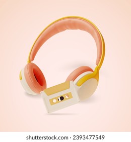 3d Headphones Music Gadget Accessory and Audio Cassette Cartoon Style Symbols of Eighties Music. Vector illustration