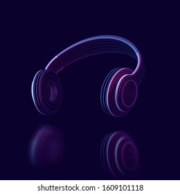 3D headphones on dark background. Abstract visualization of digital sound and virtual reality. Concept of electronic music listening. Digital audio technology equipment. EPS 10 vector illustration.