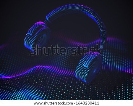 3D headphones on sound wave background. Colorful abstract visualization of digital sound and electronic music listening. Vector illustration of music equalizer and modern digital audio equipment.